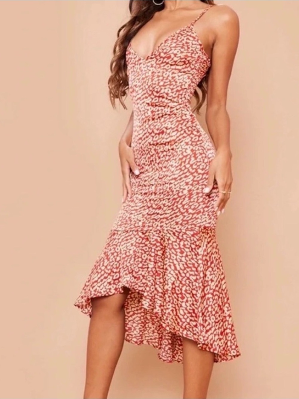PrettyLittleThing Coral Pink Animal-Print High-Low Slip Dress